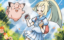 Rule 34 | :d, ^ ^, backpack, bag, blonde hair, blue sky, clefairy, closed eyes, creature, creatures (company), day, eyelashes, facing another, facing viewer, fang, flat chest, flower, game freak, gen 1 pokemon, grass, happy, holding, holding poke ball, ibe mana, jumping, lillie (pokemon), nintendo, official art, open mouth, outdoors, pleated skirt, poke ball, poke ball (basic), pokemon, pokemon (creature), pokemon tcg, pokemon usum, ponytail, shirt, sidelocks, skirt, sky, smile, standing, sunlight, third-party source, white shirt, white skirt