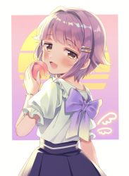 Rule 34 | 1girl, :d, bad id, bad pixiv id, blue skirt, blush, bow, brown eyes, commentary request, food, fruit, hair flaps, hair ornament, hairclip, highres, holding, holding food, idolmaster, idolmaster cinderella girls, kanda done, koshimizu sachiko, looking at viewer, looking back, open mouth, peach, pleated skirt, puffy short sleeves, puffy sleeves, purple bow, purple hair, shirt, short hair, short sleeves, skirt, smile, solo, white shirt