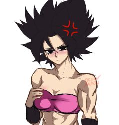 Rule 34 | 1girl, abs, anger vein, artist name, bare shoulders, black eyes, black hair, blush, bracer, breasts, caulifla, commentary, dragon ball, dragon ball super, english commentary, flustered, hair between eyes, hand on own chest, highres, looking at viewer, medium breasts, midriff, muscular, muscular female, ocean man (artist), parted bangs, pink tube top, signature, simple background, sketch, solid circle pupils, solo, spiked hair, strapless, tube top, upper body, white background
