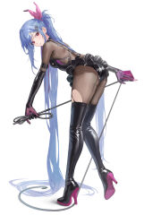 Rule 34 | 1girl, absurdly long hair, absurdres, allen m. sumner (azur lane), allen m. sumner (two faces of justice) (azur lane), ass, azur lane, back-seamed legwear, bangsom, black bodysuit, black gloves, black leotard, blue hair, bodysuit, bodysuit under clothes, boots, card, closed mouth, colored shoe soles, elbow gloves, frilled leotard, frills, from side, full body, gloves, high heel boots, high heels, highres, holding, holding card, holding whip, leaning forward, leg up, leotard, long hair, looking at viewer, looking to the side, official alternate costume, ponytail, purple gloves, red eyes, seamed legwear, shiny clothes, sidelocks, simple background, solo, thigh boots, torn bodysuit, torn clothes, two-sided gloves, two-tone gloves, very long hair, whip, white background