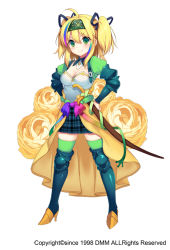 Rule 34 | 1girl, armor, armored dress, bandana, blonde hair, blue bow, blue skirt, boots, bow, detached collar, flower, flower knight girl, full body, green bandana, green eyes, green footwear, green thighhighs, hair bow, hairband, hands on own hips, leg armor, long hair, looking at viewer, miniskirt, multicolored hair, name connection, object namesake, official art, plaid, plaid skirt, rananculus (flower knight girl), ribbon, scabbard, sheath, skirt, smile, solo, standing, sugimeno, thigh boots, thighhighs, two side up, waist bow, white background