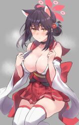 Rule 34 | 1girl, animal ears, bare shoulders, black choker, blue archive, breasts, choker, cleavage, detached sleeves, hair ornament, kaede (blue archive), looking at viewer, miniskirt, pleated skirt, red sailor collar, red skirt, sailor collar, sawaya (mizukazu), simple background, skirt, thighhighs, wide sleeves, yellow eyes
