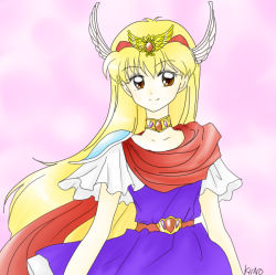 Rule 34 | 1990s (style), 1girl, akazukin chacha, blonde hair, blue dress, brown eyes, cape, closed mouth, dress, female focus, hairband, head wings, jewelry, long hair, magical princess, neck, neck ring, red cape, red hairband, retro artstyle, short dress, smile, solo, standing, wings