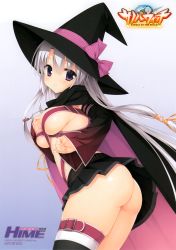 Rule 34 | 1girl, absurdres, ass, ayachi nene, belt bra, blush, bow, breasts, hair ornament, hat, hat bow, highres, jewelry, large breasts, long hair, looking at viewer, muririn, pendant, purple eyes, revealing clothes, sanoba witch, silver hair, skirt, smile, solo, witch hat, yuzu-soft