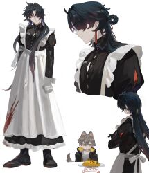 Rule 34 | 2boys, absurdres, animal ears, apron, bandaged arm, bandages, black hair, black shirt, blade (honkai: star rail), blood, blood on clothes, bloody apron, buttons, caelus (honkai: star rail), collared shirt, crossdressing, crossed arms, drooling, earrings, food, frown, grey hair, grey shirt, hair over one eye, hair ribbon, highres, honkai: star rail, honkai (series), jacket, jewelry, long hair, long sleeves, looking at another, maid, maid apron, male maid, multiple boys, name tag, open clothes, open jacket, orange eyes, parted bangs, plate, raccoon boy, raccoon ears, red ribbon, ribbon, shirt, tassel, tassel earrings, trailblazer (honkai: star rail), yellow eyes, yomotobi