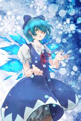 Rule 34 | 1girl, bloomers, blue background, blue bow, blue dress, blue eyes, blue hair, blue theme, bow, cirno, closed mouth, collared shirt, cowboy shot, detached wings, dress, hair over one eye, ice, ice wings, neck ribbon, pinafore dress, popped collar, puffy short sleeves, puffy sleeves, r18ankou, red ribbon, ribbon, shirt, short hair, short sleeves, sleeveless, sleeveless dress, snowing, solo, touhou, underwear, white bloomers, white shirt, wings