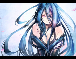 Rule 34 | 1girl, black border, blue hair, border, breasts, cherry blossoms, cleavage, closed mouth, floating hair, hair between eyes, letterboxed, long hair, looking at viewer, medium breasts, original, purple eyes, solo, sushi (sashimise), upper body, very long hair, white background