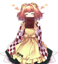 Rule 34 | 1girl, ^ ^, apron, bell, blush, book, character name, checkered clothes, checkered shirt, closed eyes, clothes writing, commentary request, cowboy shot, closed eyes, hair bell, hair ornament, heart, japanese clothes, jingle bell, kimono, long sleeves, motoori kosuzu, red hair, shirt, short hair, solo, touhou, twintails, two side up, uruu gekka, white background, wide sleeves