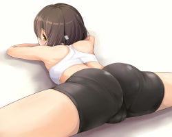 Rule 34 | 1girl, alternate costume, ass, bare arms, bare shoulders, bike shorts, blush, brown hair, cameltoe, fat mons, flexible, from behind, huge ass, kantai collection, looking at viewer, looking back, lying, midriff, on stomach, pantylines, pestxsan, short hair, simple background, skin tight, solo, split, spread legs, straddle split, taihou (kancolle), thighs, trefoil, underwear, yellow eyes