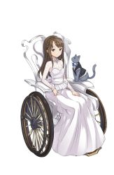 Rule 34 | 1girl, animal, blue eyes, braid, brown eyes, brown hair, cat, clothed animal, crown braid, dress, formal, full body, hand on lap, highres, long hair, looking at viewer, official art, princess principal, princess principal game of mission, shirley collins, smile, solo, suit, transparent background, wheelchair, white dress