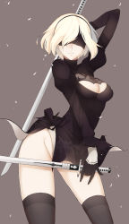 Rule 34 | 1girl, absurdres, black gloves, black thighhighs, blindfold, breasts, cleavage, gloves, gyoza supu, hairband, highres, leotard, medium breasts, mole, mole under mouth, nier (series), nier:automata, short hair, skindentation, skirt, solo, standing, thighhighs, thighs, white gloves, white hair, 2b (nier:automata)