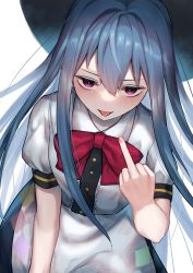 Rule 34 | 1girl, absurdres, bad id, bad pixiv id, blue hair, blush, bow, bowtie, breasts, dutch angle, hair between eyes, highres, hinanawi tenshi, long hair, looking at viewer, middle finger, pinponpaaru, puffy short sleeves, puffy sleeves, red bow, red bowtie, red eyes, shirt, short sleeves, simple background, solo, tongue, tongue out, touhou, upturned eyes, very long hair, white background, white shirt