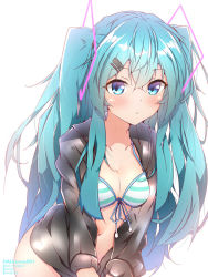 Rule 34 | 1girl, bikini, black jacket, blue eyes, blue hair, blush, breasts, cleavage, closed mouth, collarbone, front-tie bikini top, front-tie top, hair ornament, hairclip, halkawa501, hatsune miku, highres, hood, hood down, hooded jacket, jacket, long hair, long sleeves, looking at viewer, navel, open clothes, open jacket, simple background, solo, striped bikini, striped clothes, swimsuit, twintails, very long hair, vocaloid, white background