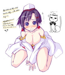 Rule 34 | 00s, aika granzchesta, aria (manga), bare shoulders, blue eyes, blush, breasts, breasts squeezed together, cat, cleavage, earrings, hat, hime granzchesta, jewelry, kisairo kaede, kneeling, large breasts, no bra, purple eyes, purple hair, short hair, simple background, solo, translation request