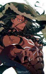 Rule 34 | 1boy, alcides (fate), black hair, body markings, chain, colored skin, fate/strange fake, fate (series), heracles (fate), highres, long hair, looking at viewer, male focus, meiji ken, muscular, muscular male, red eyes, red skin, simple background, solo, white background