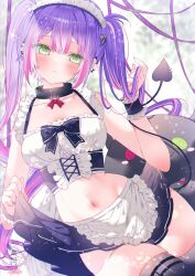 1girl bare_shoulders black_skirt black_tail breasts collarbone cowboy_shot demon_girl demon_tail green_eyes highres hololive long_hair maid_headdress medium_breasts moo_(umineko) no_panties purple_hair skirt solo strapless tail tokoyami_towa tube_top twintails virtual_youtuber white_tube_top