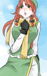 Rule 34 | 1girl, beret, black gloves, blue sky, blush, bow, braid, breath, chinese clothes, cold, cowboy shot, day, gloves, green eyes, green skirt, hair bow, hand up, hat, highres, hong meiling, kae (hyugafire), lips, long hair, long skirt, long sleeves, looking to the side, open mouth, pants, red hair, shirt, skirt, sky, solo, star (symbol), tangzhuang, touhou, twin braids, very long hair, white pants, white shirt