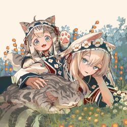 Rule 34 | 2girls, :3, :d, ahoge, animal ears, animal hands, aqua capelet, blonde hair, blue eyes, blush, capelet, cat, cat ears, cat paws, cat tail, commentary request, flower, foliage, grass, grey cat, grey hair, hair between eyes, hairband, hand on own cheek, hand on own face, head rest, highres, long hair, long sleeves, looking at viewer, lying, multiple girls, oimo imoo, on grass, on side, open mouth, original, parted lips, red flower, red neckwear, slit pupils, smile, sploot, tail, white flower, wing collar, yellow flower