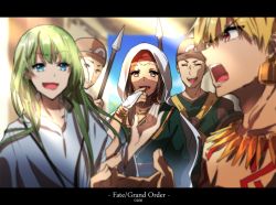 Rule 34 | 1girl, 4boys, black hair, blonde hair, blush, closed eyes, commentary request, earrings, enkidu (fate), fate/grand order, fate (series), gilgamesh (fate), green hair, hand to own mouth, hat, holding, holding polearm, holding spear, holding weapon, jewelry, letterboxed, multiple boys, open mouth, polearm, red eyes, siduri (fate), spear, sunlight, sweat, tattoo, veil, weapon, zeromomo0100
