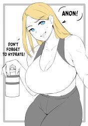Rule 34 | 1girl, blonde hair, blue eyes, border, bottle, breasts, cleavage, coco (setawar), english text, grey border, hair behind ear, head tilt, holding, holding bottle, large breasts, long hair, looking at viewer, original, pants, parted hair, parted lips, smile, solo, speech bubble, sports bra, spot color, sweat, white background, yoga pants
