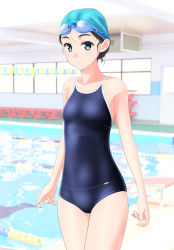 Rule 34 | 1girl, absurdres, bench, black hair, blue eyes, blue headwear, blue one-piece swimsuit, breasts, collarbone, competition school swimsuit, cowboy shot, goggles, goggles on head, highres, huge filesize, indoors, lane line, one-piece swimsuit, original, parted lips, pool, school swimsuit, small breasts, solo, starting block, string of flags, swim cap, swimsuit, takafumi, tan, window