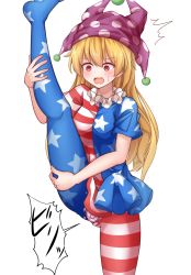 Rule 34 | 1girl, american flag dress, american flag legwear, blonde hair, blush, breasts, clownpiece, hand on own leg, hand on own thigh, hat, highres, jester cap, leg up, long hair, open mouth, panties, pantyhose, pink eyes, siw0n, small breasts, solo, split, standing, standing on one leg, standing split, striped clothes, striped panties, sweatdrop, torn clothes, torn pantyhose, touhou, translation request, underwear