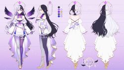 Rule 34 | absurdres, artist request, asymmetrical legwear, back, black hair, bow, character sheet, dress, earrings, eileennoir, frilled dress, frills, gold trim, halo, high heels, highres, indie virtual youtuber, jewelry, long hair, mismatched legwear, multicolored hair, multicolored wings, multiple views, pointy ears, puffy sleeves, purple bow, purple eyes, second-party source, smile, two-tone hair, virtual youtuber, white hair, wings, yellow footwear