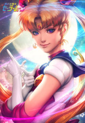 Rule 34 | 1girl, bishoujo senshi sailor moon, blonde hair, blue background, blue eyes, blue sailor collar, bow, bowtie, brooch, choker, circlet, crescent, crescent earrings, double bun, earrings, elbow gloves, eyebrows, eyelashes, from side, gem, glint, gloves, hair bobbles, hair bun, hair ornament, hair rings, hand gesture, headpiece, jewelry, lips, long hair, looking at viewer, makeup, mascara, md5 mismatch, red bow, red bowtie, red gemstone, resized, resolution mismatch, sailor collar, sailor moon, short sleeves, signature, simple background, smile, solo, source larger, sparkle, stanley lau, tsuki ni kawatte oshioki yo, tsukino usagi, twintails, upper body, very long hair, white gloves