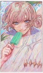 Rule 34 | 1boy, acrylic paint (medium), blue eyes, crown, evil smile, eyelashes, fate/grand order, fate (series), food, highres, holding, holding food, holding ice cream, hood, hood down, ice cream, jacket, long sleeves, looking at viewer, male focus, medium hair, oberon (fate), oberon (refreshing summer prince) (fate), official alternate costume, painting (medium), saeon 0926, smile, solo, traditional media, upper body, white jacket