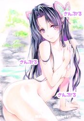 Rule 34 | 1girl, ass, black hair, breasts, butterfly hair ornament, closed mouth, hair ornament, highres, holding, holding towel, kimetsu no yaiba, kochou kanae, light smile, long hair, looking at viewer, outdoors, purple eyes, small breasts, solo, towel, traditional media, water, yqgkg