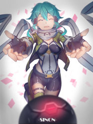Rule 34 | 1girl, absurdres, black gloves, blue hair, breasts, commentary request, confetti, covered navel, explosive, closed eyes, fingerless gloves, foreshortening, gloves, grenade, hair between eyes, highres, lu&quot;, medium breasts, medium hair, photoshop (medium), scarf, short hair, short shorts, shorts, sinon, spoilers, sword art online, thigh gap, thighhighs, thighs, white background, white scarf