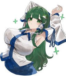 Rule 34 | 1girl, armpits, arms behind head, arms up, blue ribbon, blue skirt, breasts, collared shirt, commentary request, cropped legs, detached sleeves, frog hair ornament, green eyes, green hair, hair ornament, highres, kochiya sanae, large breasts, long hair, long sleeves, looking at viewer, mino (minori), ribbon, shirt, simple background, single hair tube, single sidelock, skirt, sleeveless, sleeveless shirt, snake hair ornament, solo, touhou, very long hair, white background, white shirt, white sleeves, wide sleeves