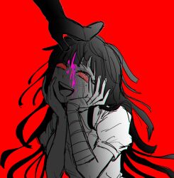 Rule 34 | :d, bandaged arm, bandages, blood, blood on face, blush, boots, danganronpa: trigger happy havoc, danganronpa (series), danganronpa 2: goodbye despair, enoshima junko, foot on head, hands on own cheeks, hands on own face, hands up, hayate0622, high heel boots, high heels, mole, mole under eye, open mouth, pink blood, puffy short sleeves, puffy sleeves, red background, red eyes, saliva, short sleeves, smile, solo focus, spot color, tsumiki mikan