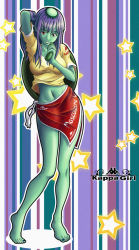 Rule 34 | 1girl, barefoot, breasts, colored skin, contrapposto, cucumber, gammatelier, green skin, hand in own hair, kappa, large breasts, long hair, midriff, monster girl, navel, original, pointy ears, purple hair, red eyes, sarong, shirt, solo, standing, t-shirt, toes
