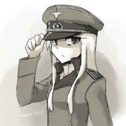Rule 34 | 1girl, frown, grete m. gollob, hand on headwear, hat, long hair, long sleeves, looking away, makaze (t-junction), military, military uniform, peaked cap, solo, strike witches, twitter username, uniform, upper body, world witches series