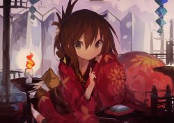 Rule 34 | 1girl, absurdres, alternate costume, brown hair, candle, closed mouth, floral print, folded ponytail, hair between eyes, highres, hinamatsuri, hishimochi, inazuma (kancolle), japanese clothes, kaamin (mariarose753), kantai collection, kimono, ponytail, solo, wide sleeves, yellow eyes