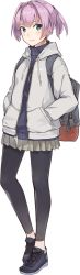 Rule 34 | 1girl, backpack, bad id, bad twitter id, bag, batsubyou, blue eyes, cat zipper, full body, grey hoodie, grey shorts, hair intakes, hands in pockets, hood, hood down, hoodie, jacket, kantai collection, konishi (koconatu), leggings, long sleeves, looking at viewer, miniskirt, official art, open clothes, open hoodie, open jacket, pocket, ponytail, purple hair, shiranui (kancolle), shoes, short hair, short shorts, shorts, skirt, sneakers, solo, standing, sweater, transparent background, zipper