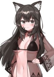 Rule 34 | 1girl, absurdres, animal ear fluff, animal ears, bikini, black bikini, black eyes, black hair, breasts, cat ears, choker, facial mark, hand on own hip, highres, long hair, long sleeves, looking at viewer, medium breasts, navel, open clothes, original, pocari (sq551), see-through, see-through, simple background, solo, stomach, string bikini, swimsuit, swimsuit cover-up, upper body, vrchat, white background