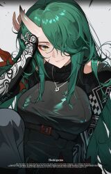 Rule 34 | 1girl, absurdres, arknights, black pants, black shirt, breasts, character name, closed mouth, clothing cutout, commentary request, english text, green hair, hachisan, hair over one eye, hand up, highres, horns, hoshiguma (arknights), hoshiguma (ronin huntress) (arknights), large breasts, long hair, official alternate costume, pants, scar, scar on face, shirt, shoulder cutout, sidelocks, single horn, skin-covered horns, solo, yellow eyes