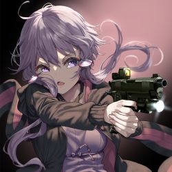 Rule 34 | 1girl, black jacket, commission, dress, fingernails, gun, hair between eyes, highres, holding, holding gun, holding weapon, hood, hooded jacket, jacket, long sleeves, open mouth, purple dress, purple eyes, purple hair, short hair with long locks, skeb commission, solo, striped clothes, striped dress, upper body, vertical-striped clothes, vertical-striped dress, vocaloid, voiceroid, weapon, yappen, yuzuki yukari