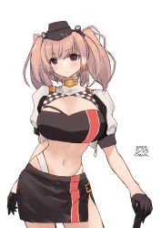 Rule 34 | 1girl, alternate costume, artist name, atlanta (kancolle), bandeau, black bandeau, black gloves, black hat, black skirt, breasts, brown hair, commentary request, cosplay, cowboy shot, cropped jacket, dated, garrison cap, gloves, gotland (kancolle), gotland (kancolle) (cosplay), grey eyes, half gloves, hat, highres, jacket, kantai collection, large breasts, long hair, looking at viewer, midriff, one-hour drawing challenge, owa (ishtail), race queen, shrug (clothing), simple background, skirt, solo, standing, two side up, white background, white jacket