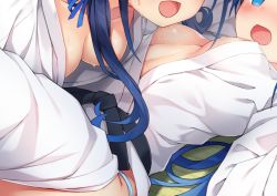 Rule 34 | 2girls, areola slip, bathrobe, blue eyes, blue hair, blush, breasts, commentary request, ezoshika, gradient hair, head out of frame, kantai collection, long hair, lying, medium breasts, multicolored hair, multiple girls, on back, open clothes, open mouth, samidare (kancolle), smile, suzukaze (kancolle), sweat, very long hair