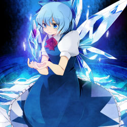 Rule 34 | 1girl, artist request, blue eyes, blue hair, blue theme, bow, cirno, dress, female focus, flower, frozen, hair bow, ice, kneeling, matching hair/eyes, nozomu144, rose, short hair, solo, embodiment of scarlet devil, touhou, wings