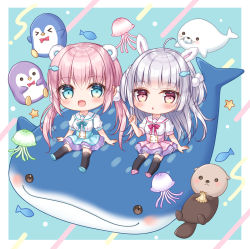 Rule 34 | 2girls, :d, :o, ahoge, animal ears, bear ears, bird, black legwear, blouse, blue bow, blue footwear, blue skirt, blush, bow, breasts, chibi, commentary request, fish, fish hair ornament, green eyes, grey hair, hair between eyes, hair ornament, hand up, jellyfish, kohinata hoshimi, long hair, low twintails, medium breasts, multiple girls, open mouth, original, otter, parted lips, penguin, pink footwear, pink hair, pink skirt, puffy short sleeves, puffy sleeves, rabbit ears, red bow, red eyes, sailor collar, seal (animal), seashell, shell, shirt, shoe soles, shoes, short sleeves, sitting, skirt, smile, star (symbol), suspender skirt, suspenders, thighhighs, twintails, two side up, very long hair, whale, white sailor collar, white shirt