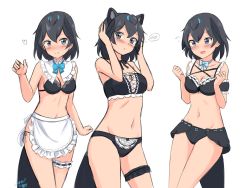 Rule 34 | 1girl, absurdres, alternate costume, apron, bare arms, bare shoulders, bikini, black bikini, black hair, blue bow, blue eyes, blue neckwear, blush, bow, bowtie, breasts, bridal garter, cleavage, cowboy shot, frilled apron, frills, groin, hair between eyes, head wings, highres, kemono friends, looking at viewer, maid, maid bikini, medium breasts, multiple views, navel, open mouth, shiraha maru, short hair, simple background, smile, split mouth, spoken blush, stomach, superb bird-of-paradise (kemono friends), swimsuit, tail, unconventional maid, waist apron, white background, wings