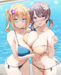 Rule 34 | 2girls, angelina kudou shields, artist name, asymmetrical docking, bikini, blonde hair, blue bikini, blue eyes, blush, breast press, breasts, brown hair, closed mouth, collarbone, commentary request, flower, hair between eyes, hair flower, hair ornament, highres, keenh, large breasts, looking at viewer, mahouka koukou no rettousei, medium hair, mitsui honoka, multiple girls, navel, open mouth, pool, purple eyes, short hair, short twintails, side-tie bikini bottom, smile, sparkle, swimsuit, twintails, water, yellow bikini