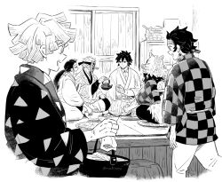 Rule 34 | 1girl, 5boys, agatsuma zenitsu, alternate hair length, alternate hairstyle, amputee, apron, basket, bowl, brother and sister, checkered clothes, collared shirt, cooking pot, cup, cushion, earrings, eating, food, hanafuda earrings, hand up, happy, hashibira inosuke, highres, holding, holding cup, holding food, indian style, indoors, japanese clothes, jewelry, kamado nezuko, kamado tanjirou, kappougi, kimetsu no yaiba, kimono, komo (pixiv63440981), long hair, looking at another, looking to the side, low ponytail, mask, multiple boys, official alternate costume, official alternate hair length, official alternate hairstyle, onigiri, outstretched arm, pants, pig head, ponytail, scar, scar on face, scar on forehead, seiza, shelf, shirt, short hair, siblings, sitting, sliding doors, smile, spoilers, tatami, tomioka giyuu, tray, triangle print, urokodaki sakonji