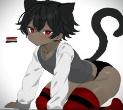 Rule 34 | 1boy, animal ears, artistpeep7, ass, black hair, blushed face, bottom up, bypeep7, cat ears, cat tail, dark skin, demi-human, huge ass, large ears, large tail, looking at screen, male focus, pantyhose, red eyes, shy, sweatsuit, tail