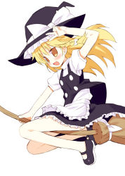 Rule 34 | 1girl, blonde hair, blush, broom, female focus, hat, kirisame marisa, long hair, mary janes, meito (maze), no socks, shoes, solo, touhou, v, witch, witch hat, yellow eyes
