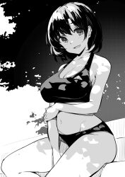 Rule 34 | 1girl, bare shoulders, breasts, cleavage, collarbone, greyscale, highres, kekemotsu, large breasts, looking at viewer, monochrome, navel, open mouth, original, short hair, smile, solo, thighs